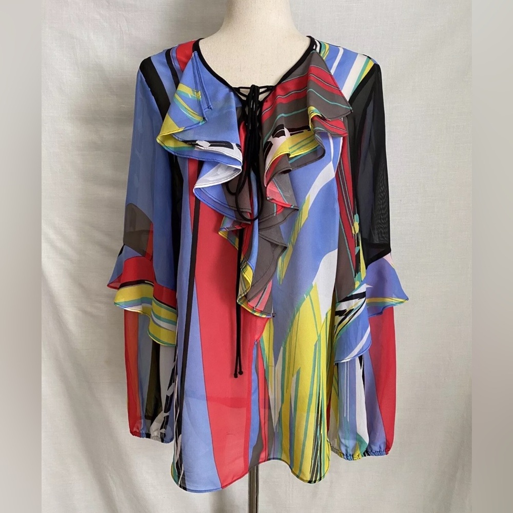 Bisou Bisou Women’s Blouse Size Large Sheer Multicolor Long Sleeve Top